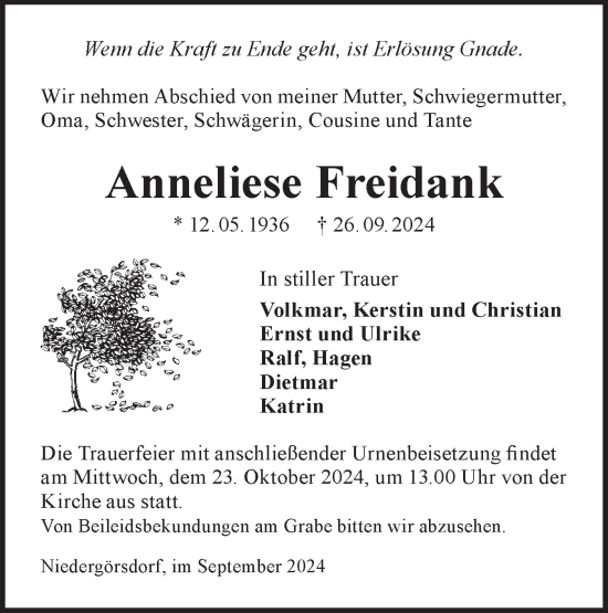 Traueranzeige von Anneliese Freidank von Märkische Oderzeitung