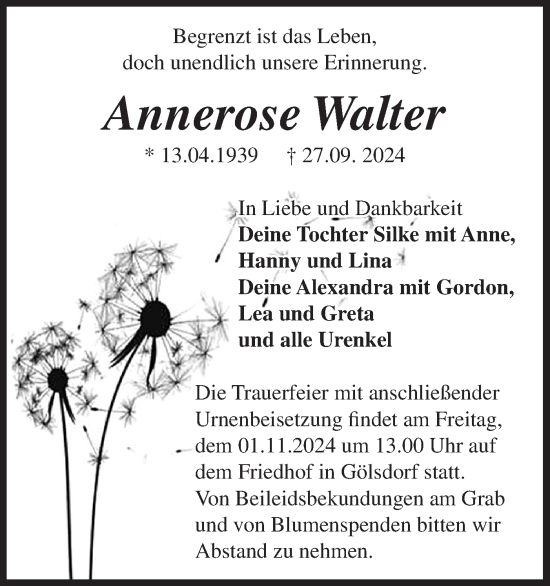 Traueranzeige von Annerose Walter von Märkische Oderzeitung