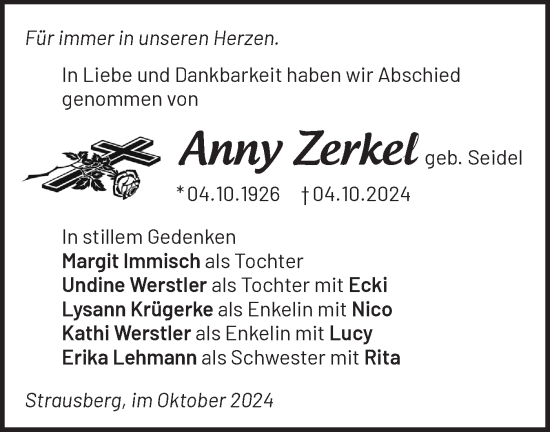 Traueranzeige von Anny Zerkel von Märkische Oderzeitung