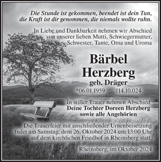 Traueranzeige von Bärbel Herzberg von Märkische Oderzeitung