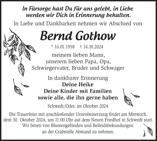 Traueranzeige von Bernd Gothow von Märkische Oderzeitung