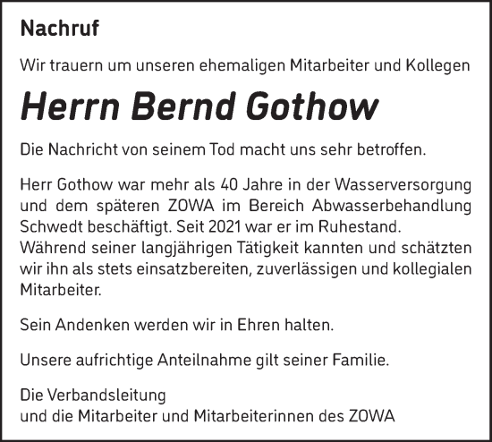 Traueranzeige von Bernd Gothow von Märkische Oderzeitung