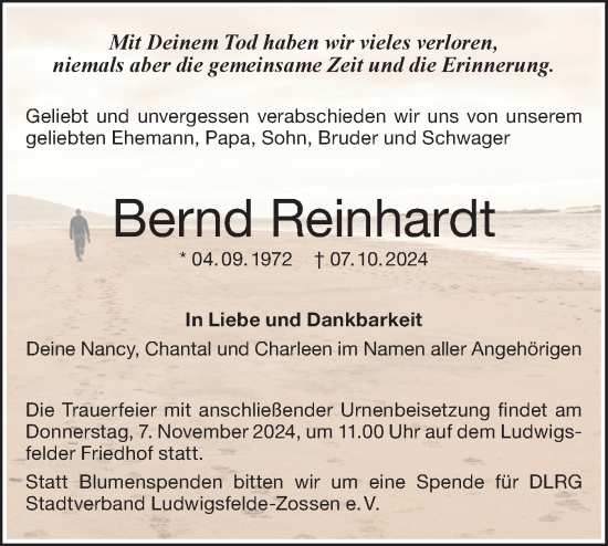 Traueranzeige von Bernd Reinhardt von Märkische Oderzeitung