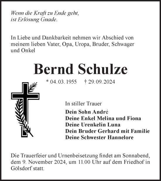 Traueranzeige von Bernd Schulze von Märkische Oderzeitung