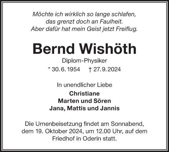 Traueranzeige von Bernd Wishöth von Märkische Oderzeitung