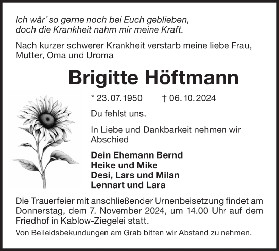 Traueranzeige von Brigitte Höftmann von Märkische Oderzeitung