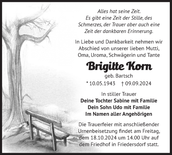 Traueranzeige von Brigitte Korn von Märkische Oderzeitung