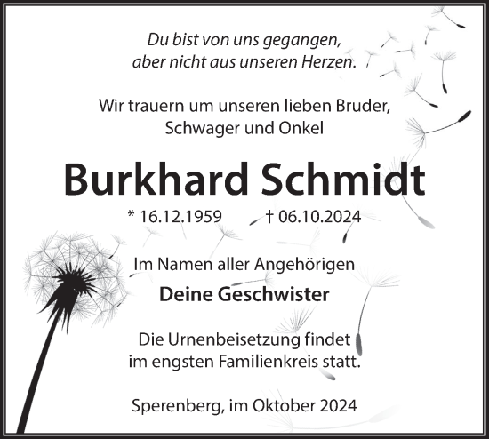 Traueranzeige von Burkhard Schmidt von Märkische Oderzeitung