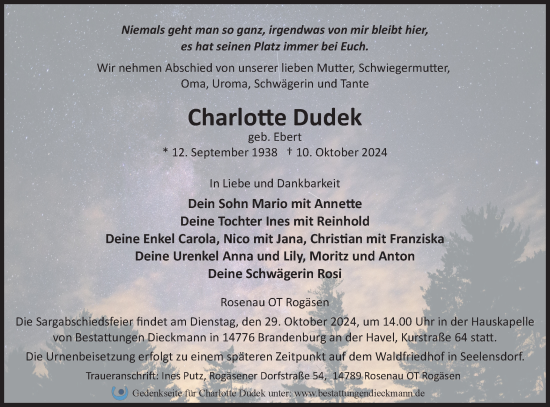 Traueranzeige von Charlotte Dudek von Märkische Oderzeitung