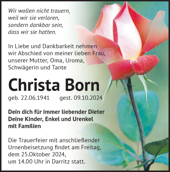 Traueranzeige von Christa Born von Märkische Oderzeitung