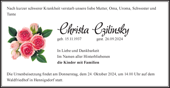 Traueranzeige von Christa Czilinsky von Märkische Oderzeitung