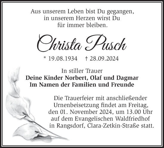 Traueranzeige von Christa Pusch von Märkische Oderzeitung