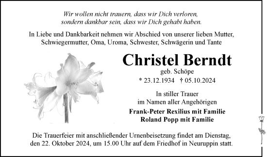 Traueranzeige von Christel Berndt von Märkische Oderzeitung