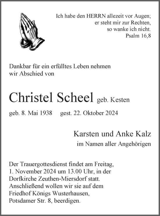 Traueranzeige von Christel Scheel von Märkische Oderzeitung