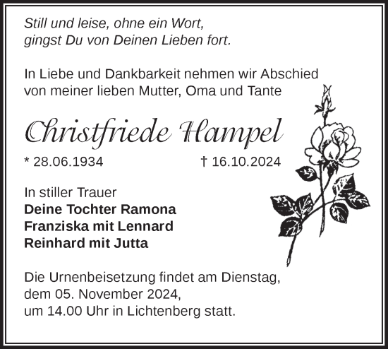 Traueranzeige von Christfriede Hampel von Märkische Oderzeitung