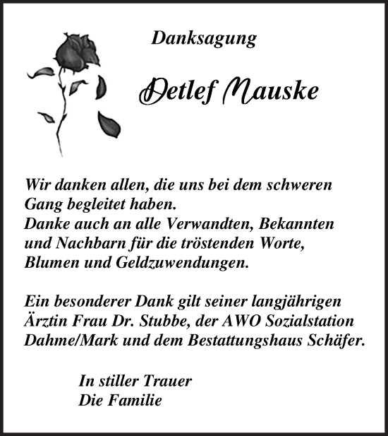 Traueranzeige von Detlef Mauske von Märkische Oderzeitung