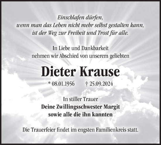 Traueranzeige von Dieter Krause von Märkische Oderzeitung