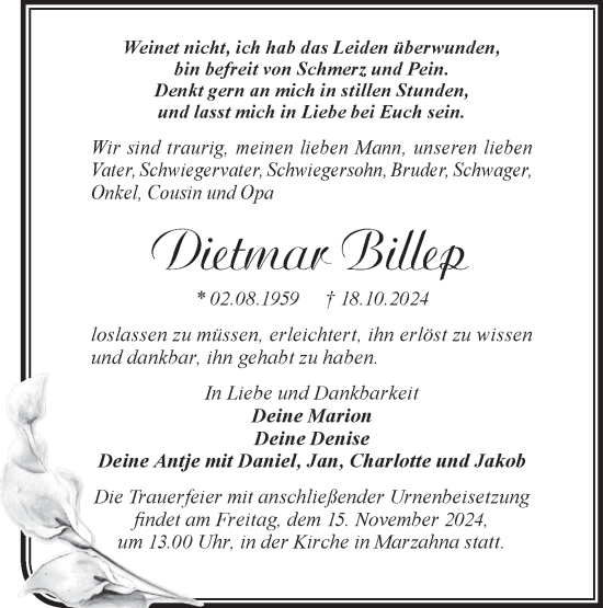 Traueranzeige von Dietmar Billep von Märkische Oderzeitung