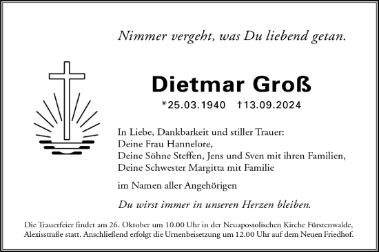 Traueranzeige von Dietmar Groß von Märkische Oderzeitung