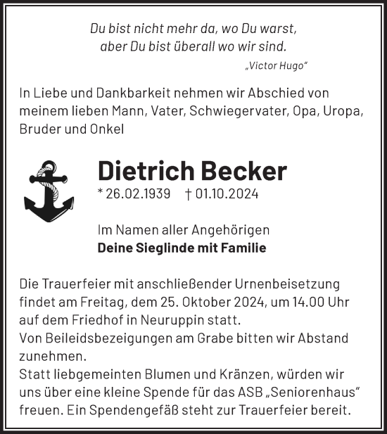 Traueranzeige von Dietrich Becker von Märkische Oderzeitung