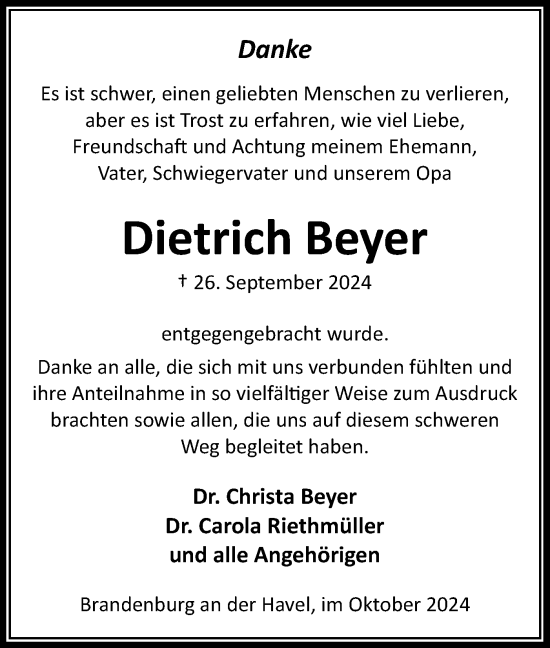 Traueranzeige von Dietrich Beyer von Märkische Oderzeitung