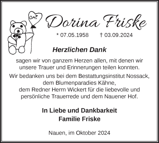 Traueranzeige von Dorina Friske von Märkische Oderzeitung