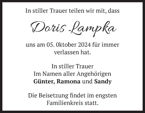 Traueranzeige von Doris Lampka von Märkische Oderzeitung