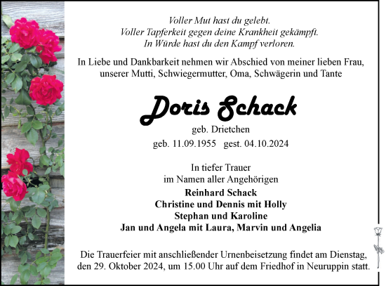 Traueranzeige von Doris Schack von Märkische Oderzeitung