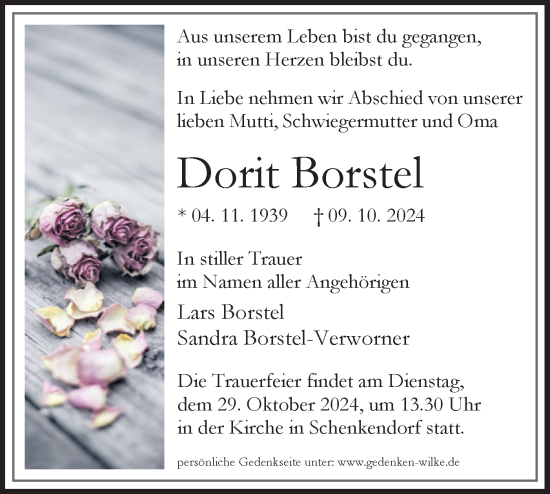 Traueranzeige von Dorit Borstel von Märkische Oderzeitung