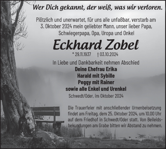 Traueranzeige von Eckhard Zobel von Märkische Oderzeitung