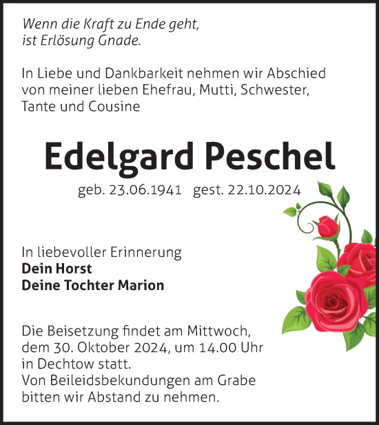 Traueranzeige von Edelgard Peschel von Märkische Oderzeitung