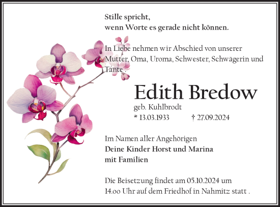 Traueranzeige von Edith Bredow von Märkische Oderzeitung