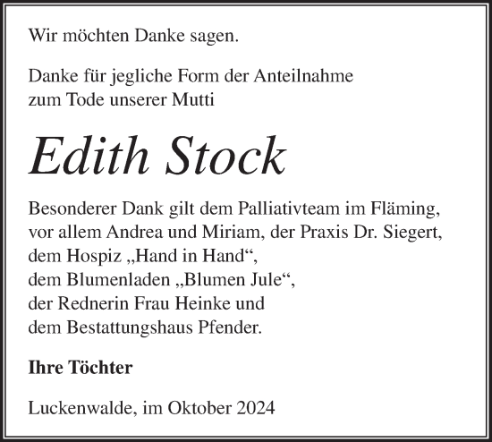 Traueranzeige von Edith Stock von Märkische Oderzeitung