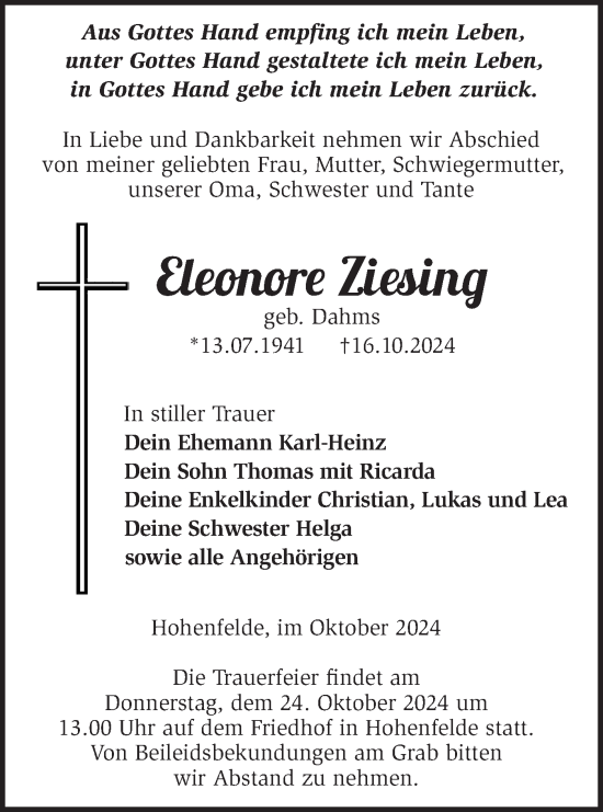 Traueranzeige von Eleonore Ziesing von Märkische Oderzeitung