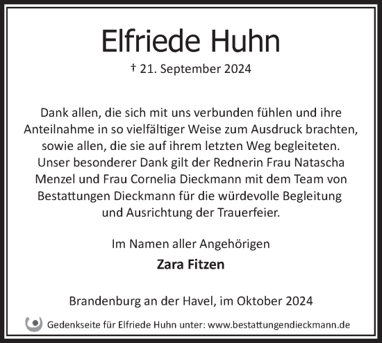 Traueranzeige von Elfriede Huhn von Märkische Oderzeitung