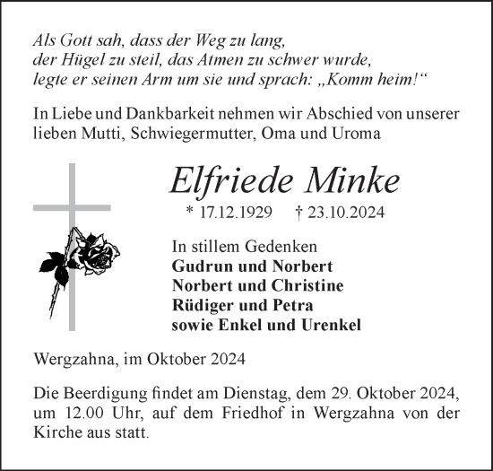 Traueranzeige von Elfriede Minke von Märkische Oderzeitung