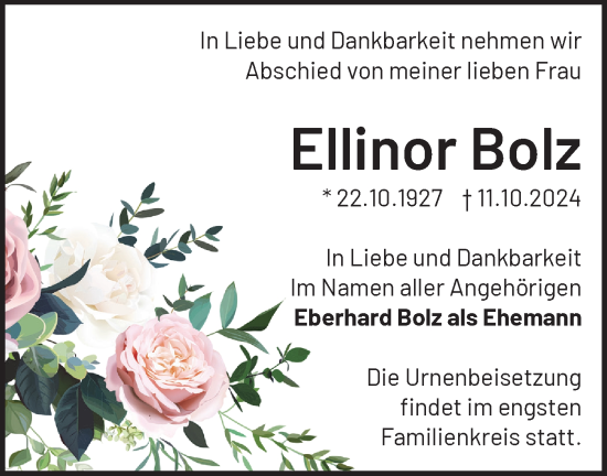 Traueranzeige von Ellinor Bolz von Märkische Oderzeitung