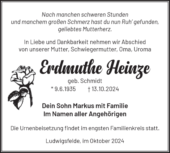 Traueranzeige von Erdmuthe Heinze von Märkische Oderzeitung