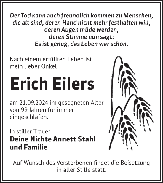 Traueranzeige von Erich Eilers von Märkische Oderzeitung