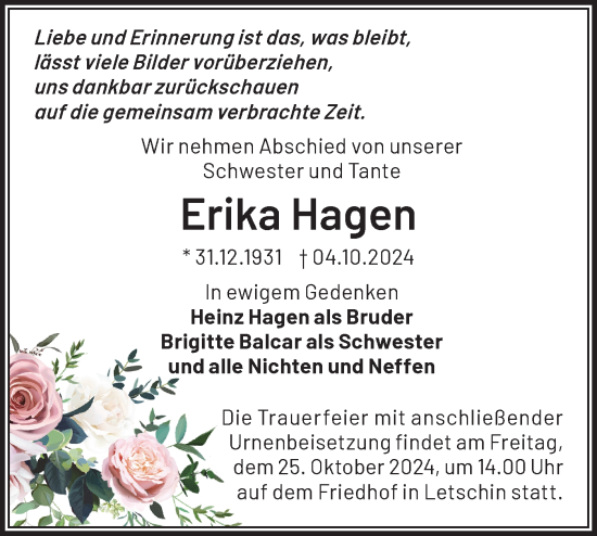 Traueranzeige von Erika Hagen von Märkische Oderzeitung