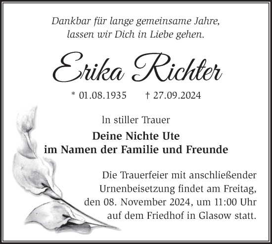 Traueranzeige von Erika Richter von Märkische Oderzeitung