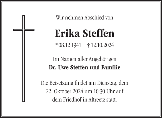 Traueranzeige von Erika Steffen von Märkische Oderzeitung