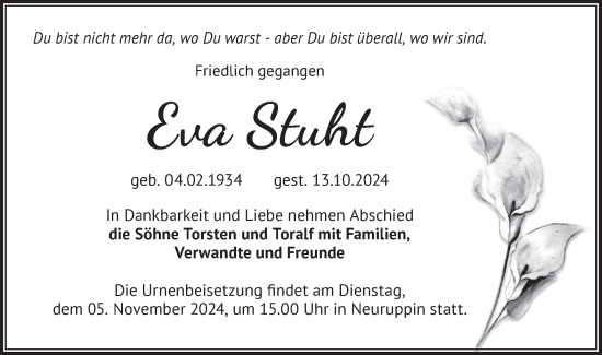 Traueranzeige von Eva Stuht von Märkische Oderzeitung