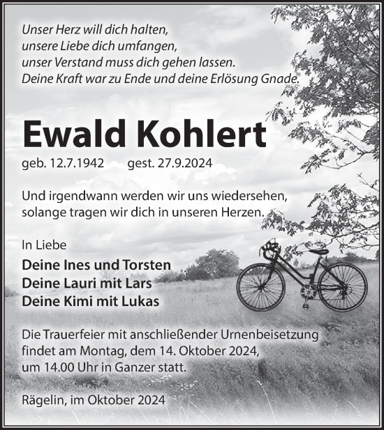 Traueranzeige von Ewald Kohlert von Märkische Oderzeitung