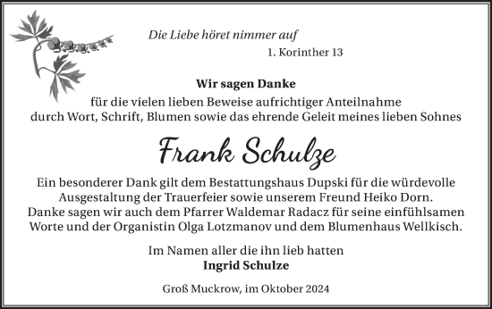 Traueranzeige von Frank Schulze von Märkische Oderzeitung