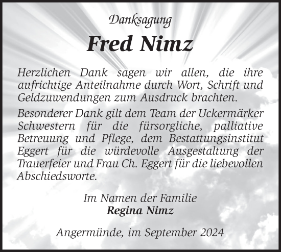 Traueranzeige von Fred Nimz von Märkische Oderzeitung