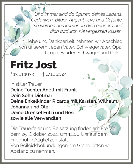 Traueranzeige von Fritz Jost von Märkische Oderzeitung