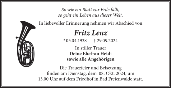 Traueranzeige von Fritz Lenz von Märkische Oderzeitung