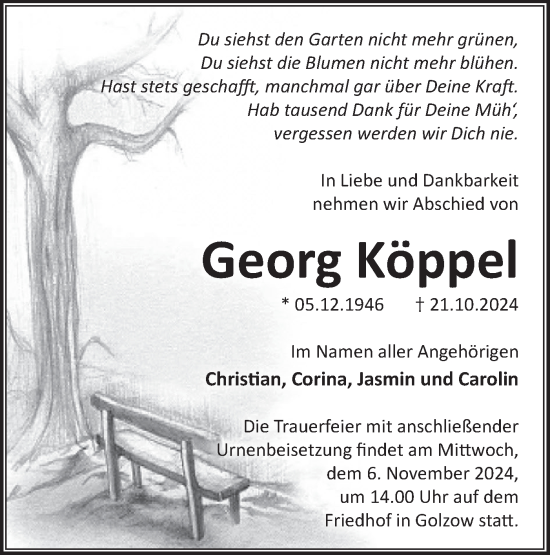 Traueranzeige von Georg Köppel von Märkische Oderzeitung