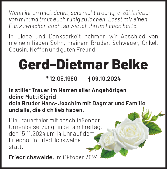 Traueranzeige von Gerd-Dietmar Belke von Märkische Oderzeitung